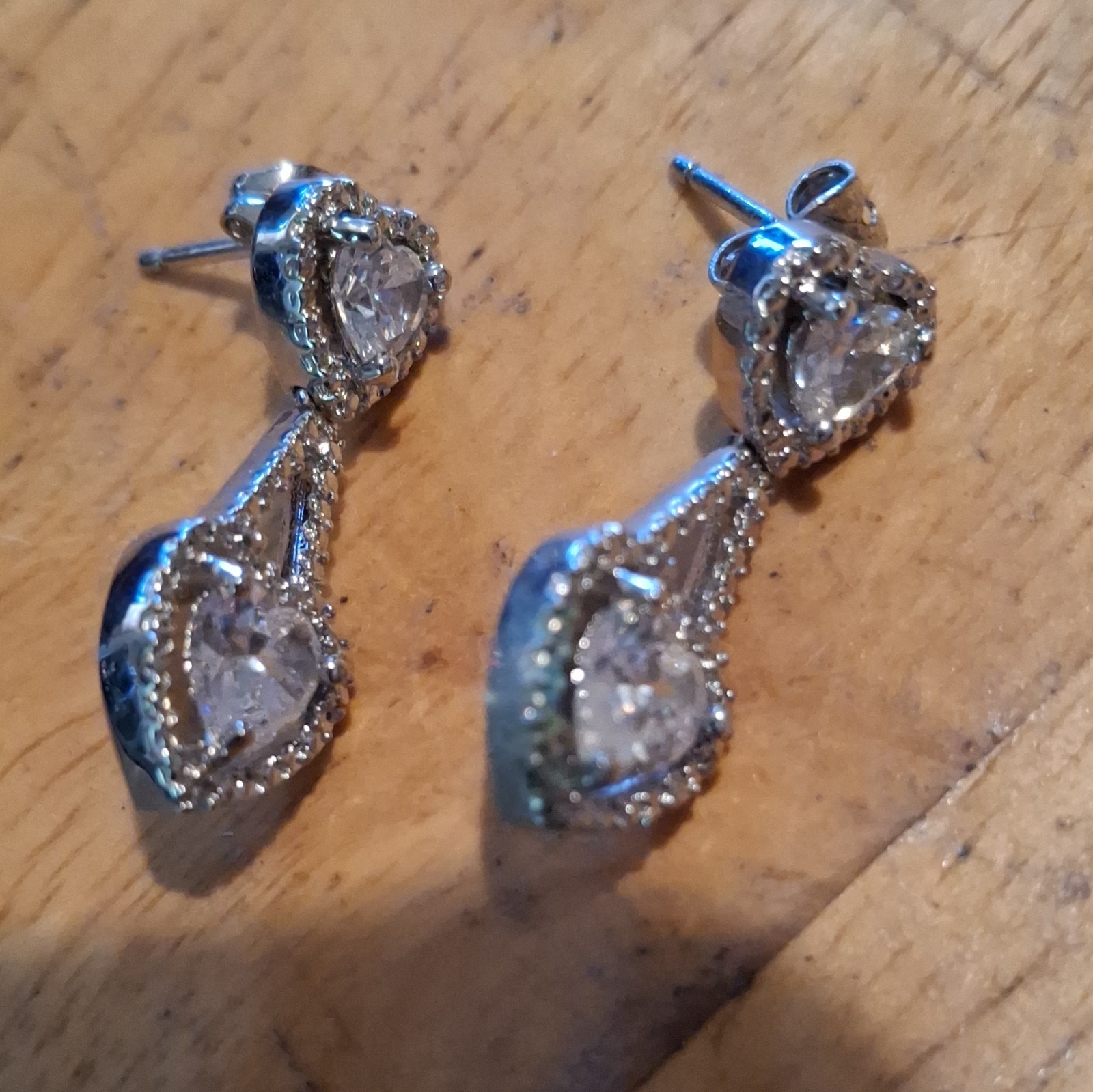 Silver Tone Heart Halo Dangle Drop Earrings Simulated CZ Butterfly Back