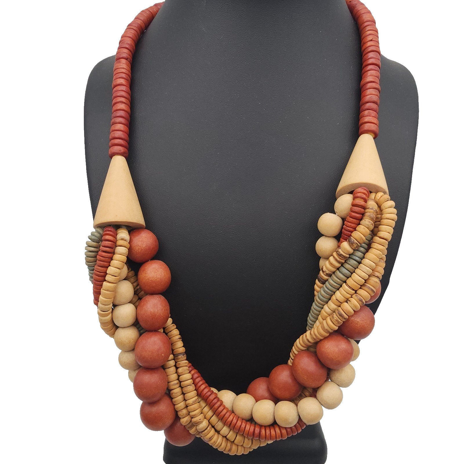Chunky Multi Strand Wood Bead Statement Necklace Twisted Boho Red Brown Collar