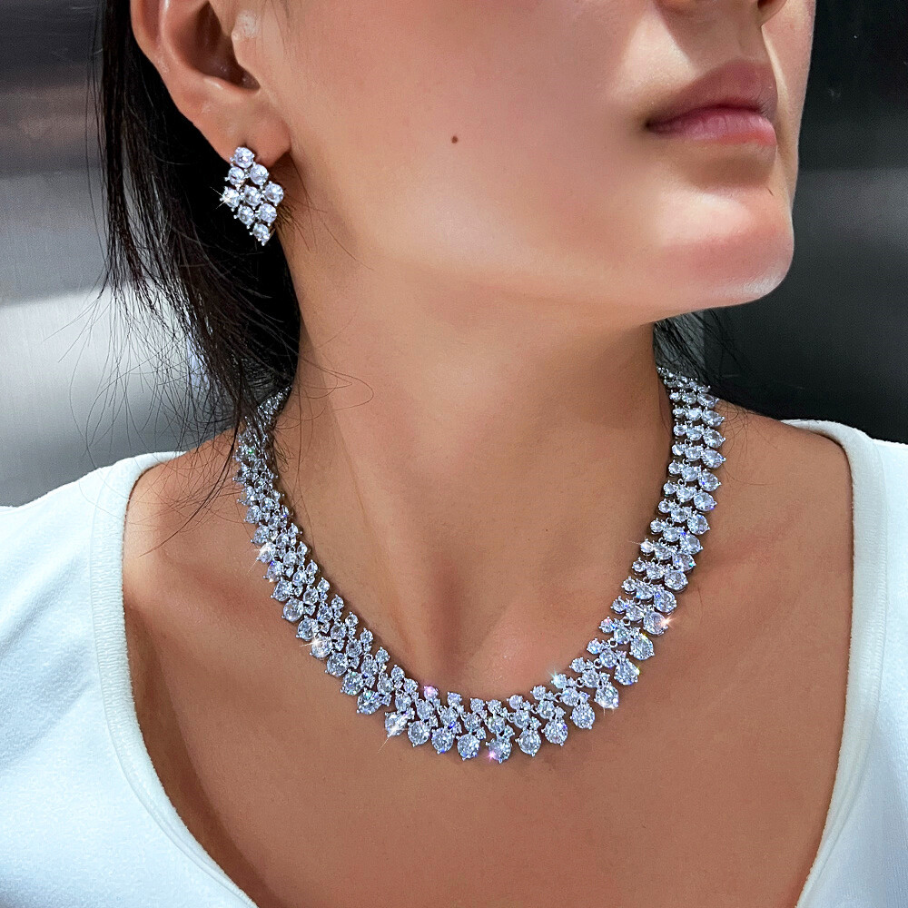 Women Round CZ Gorgeous Wide Necklace Earrings Silver Plated Wedding Jewelry Set