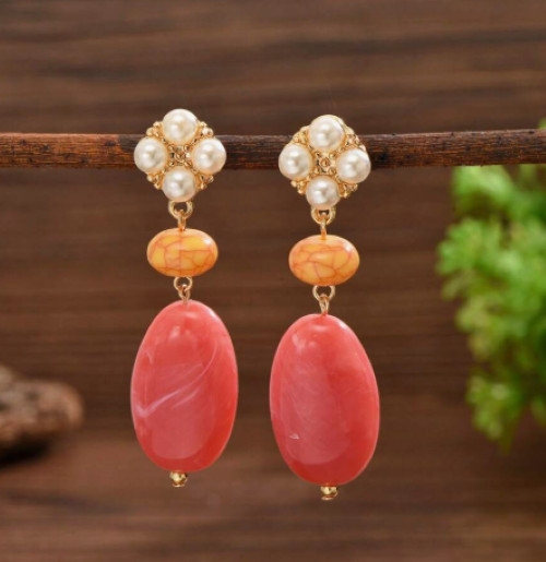 White White Pearl Resin Stud Earrings Drop Dangle Pink Orange Faux Stone & Pearl