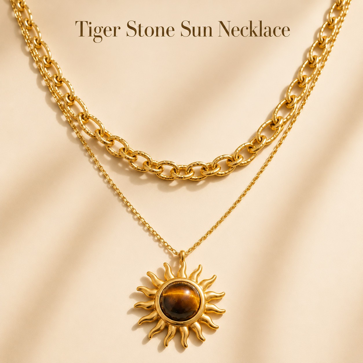 Gold Stainless Steel Tiger Stone Sun Necklace Layered Chain Pendant Jewelry Gift