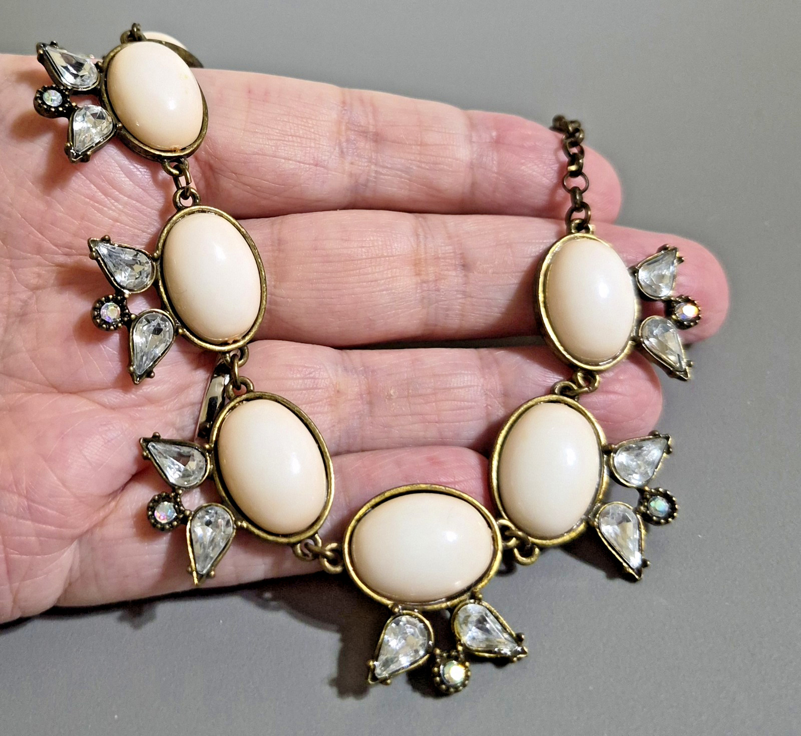 Robert Rose Necklace Pale Blush Cabochon Gray Rhinestone Antiqued Bronze Tone