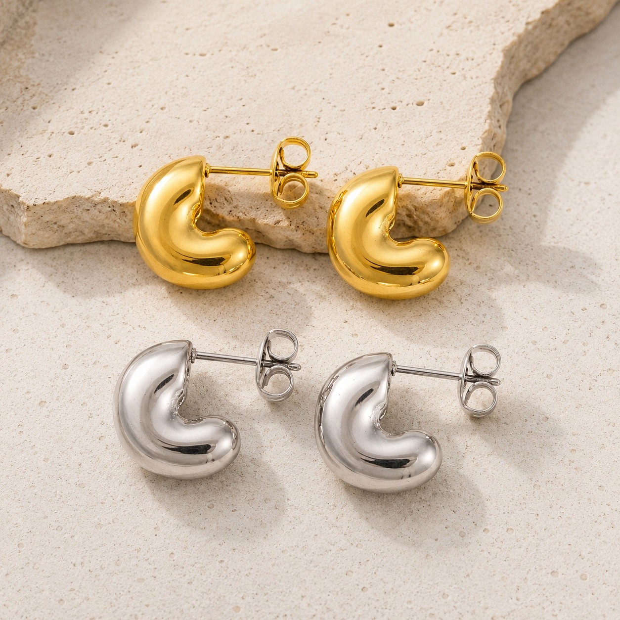 Stud Earrings Stainless Steel Gold Plated C-shaped 0.53 in Silver Gift E72