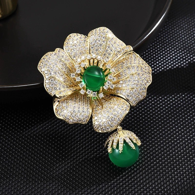 Green Imitation Jade Flower Brooch Pin Women Rhinestone Crystal Floral Gift