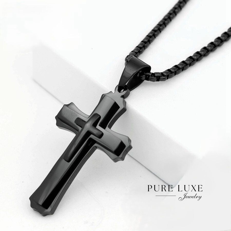 Men’s Stainless-Steel Black.CROSS Pendant 24″ Round-box Chain,Ion Plated Box