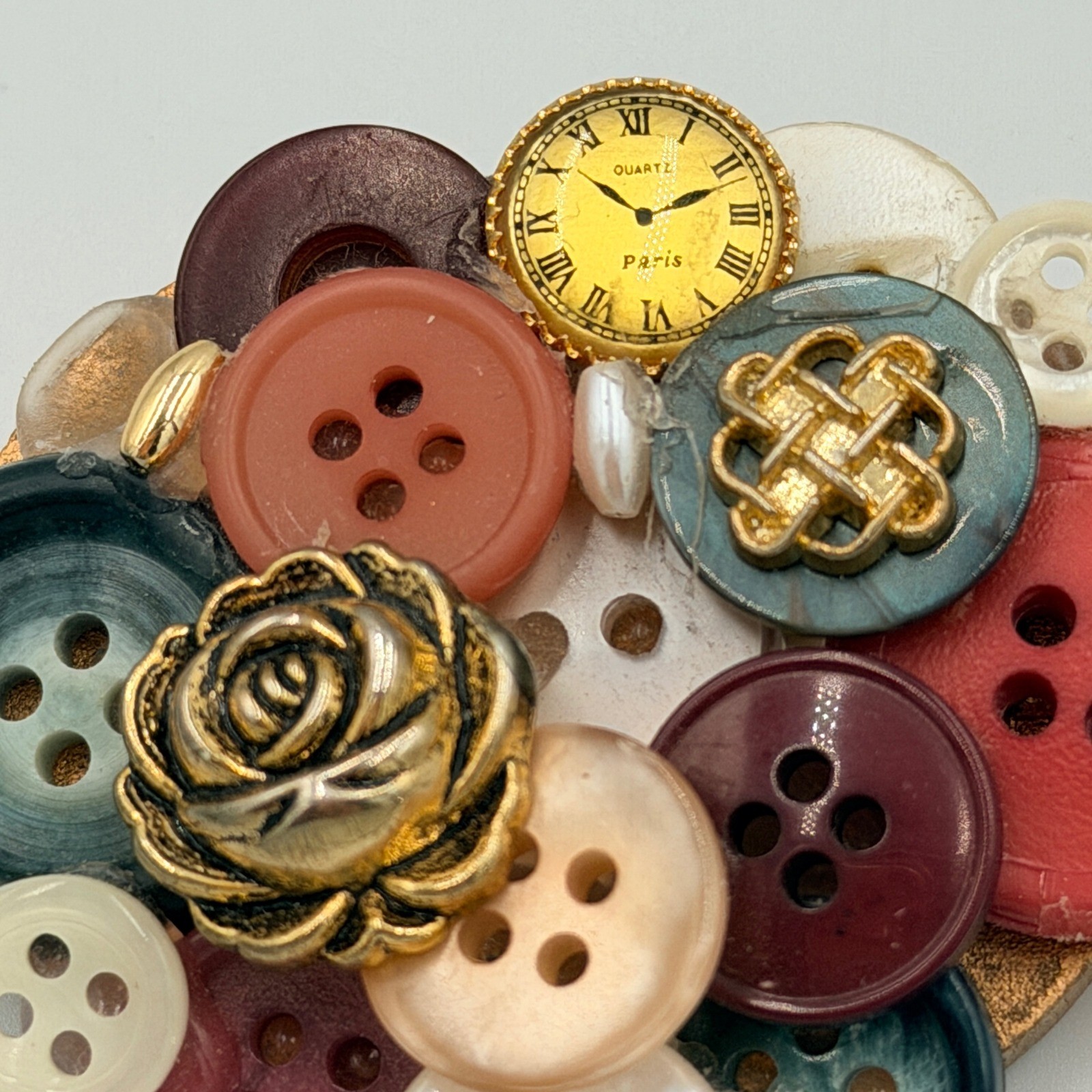 Unique Vintage Button Brooch with Clock and Rose Charm for Women Grannycore