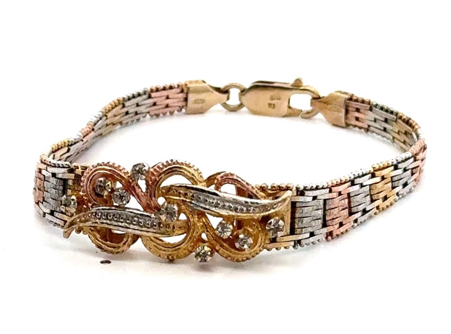 8” 925 Sterling Silver Tri Color Gold Plate CZ Riccio Bracelet, 16.8g