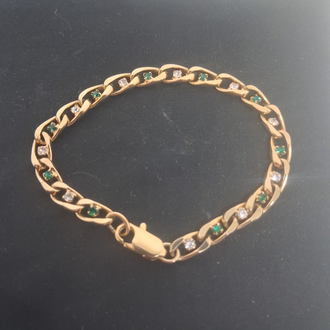 Vintage Gold Tone Mariner Link Bracelet Green Clear Crystal Accents No Stamp…