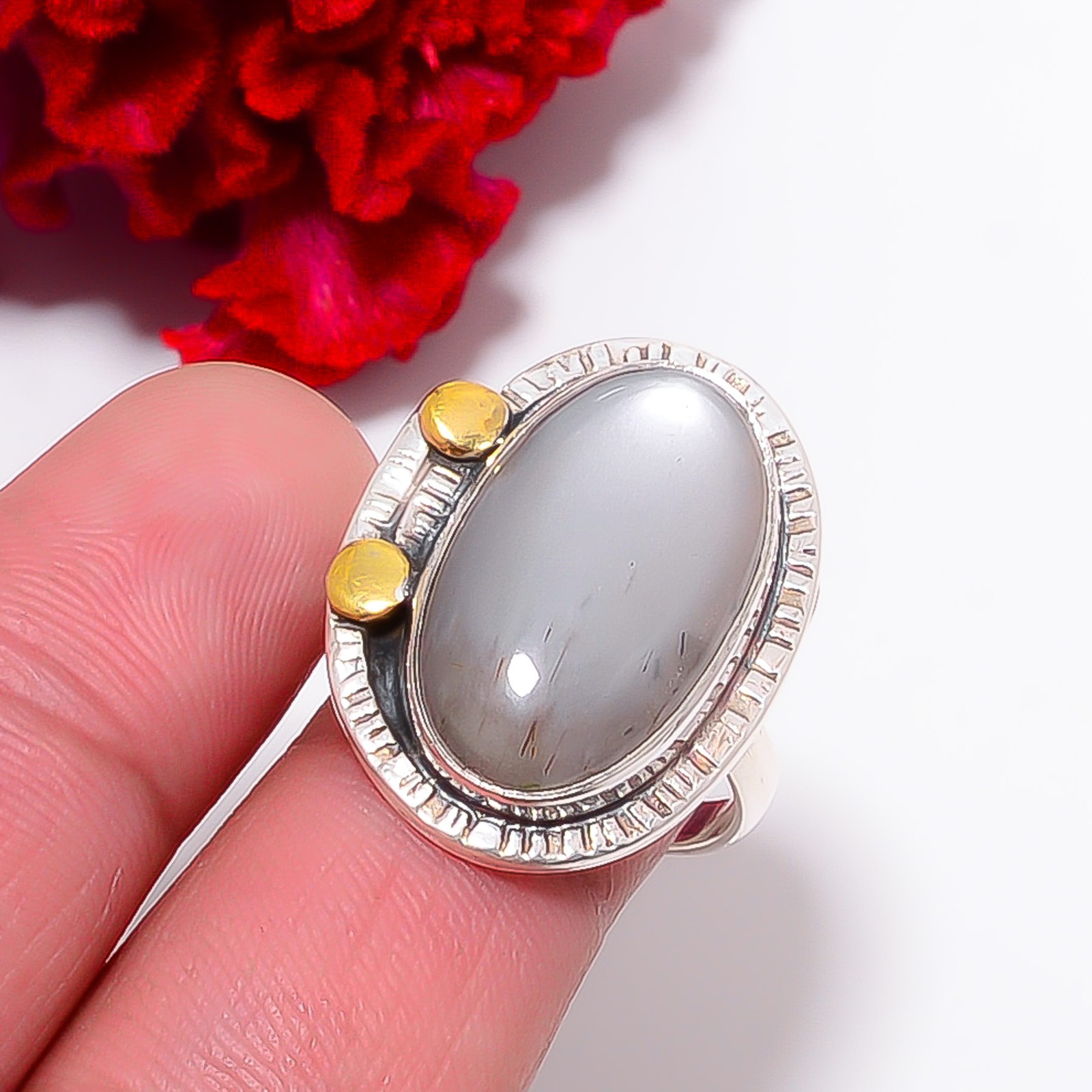 Gray Moonstone – Sri Lanka Two Tone Designer 925 Sterling Silver Ring S.8.5 R212