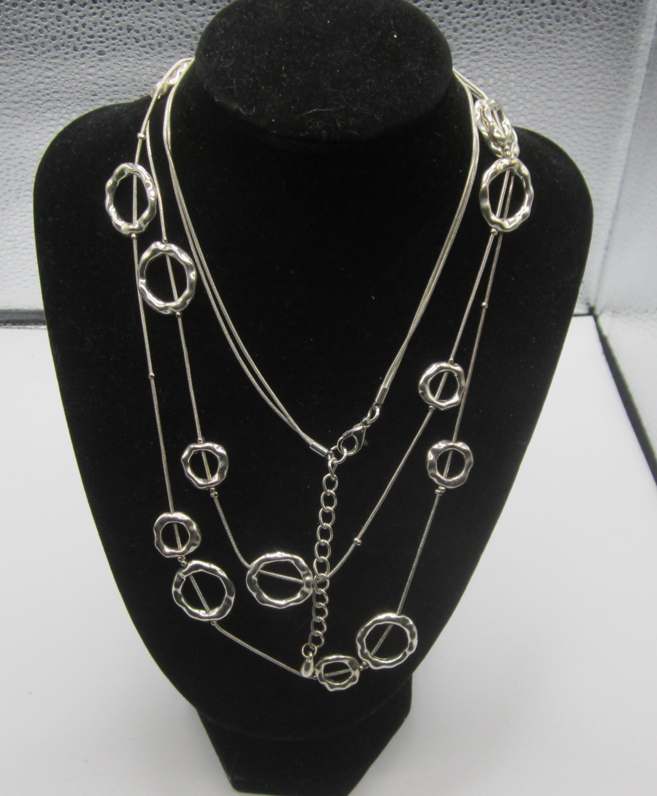 Open Circular Silver Tone Links Double Strand Necklace 30+ in.