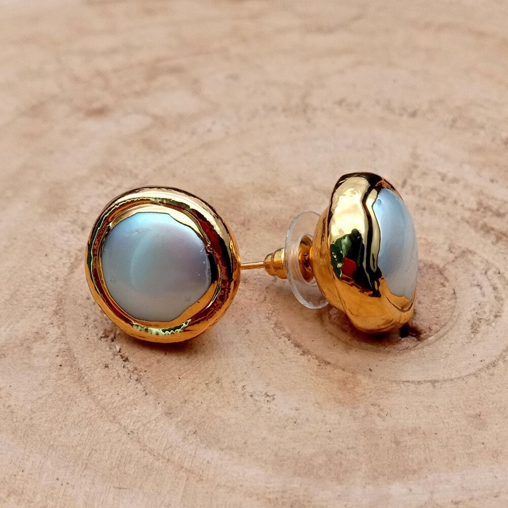 Freshwater White Coin Pearl Bezel Gold Plated Stud Earrings