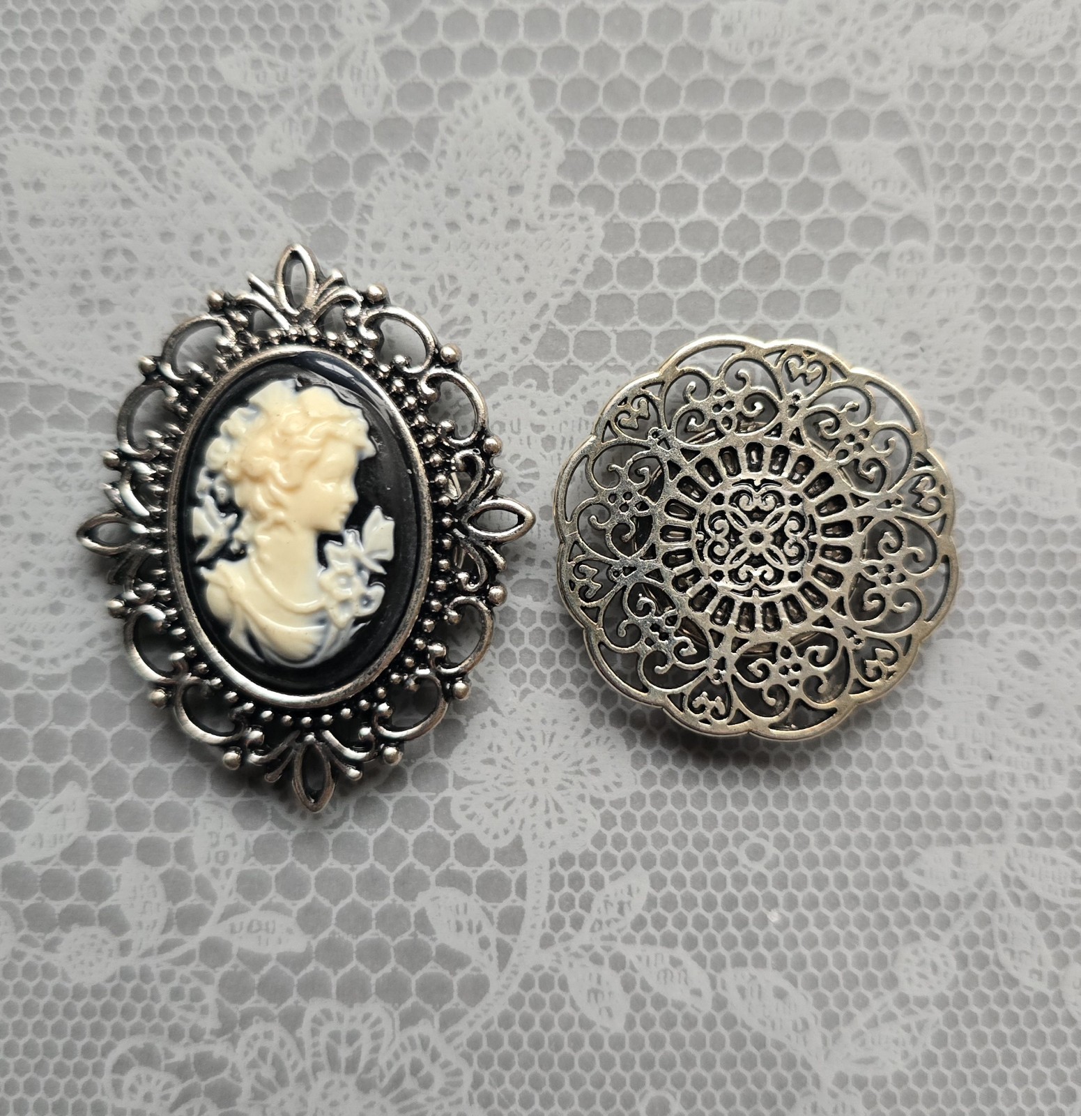 MAGNETIC Cameo Brooch, Black, Cream silver rhinestone framing. Victorian jewelry