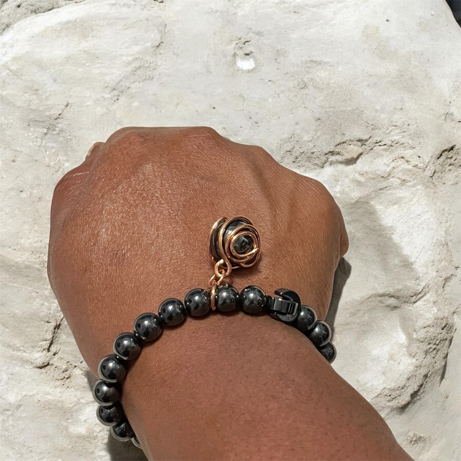 Black Hematite Round Stone Bead Bracelet /Copper Wire-Wrapped Dangle Bracelet