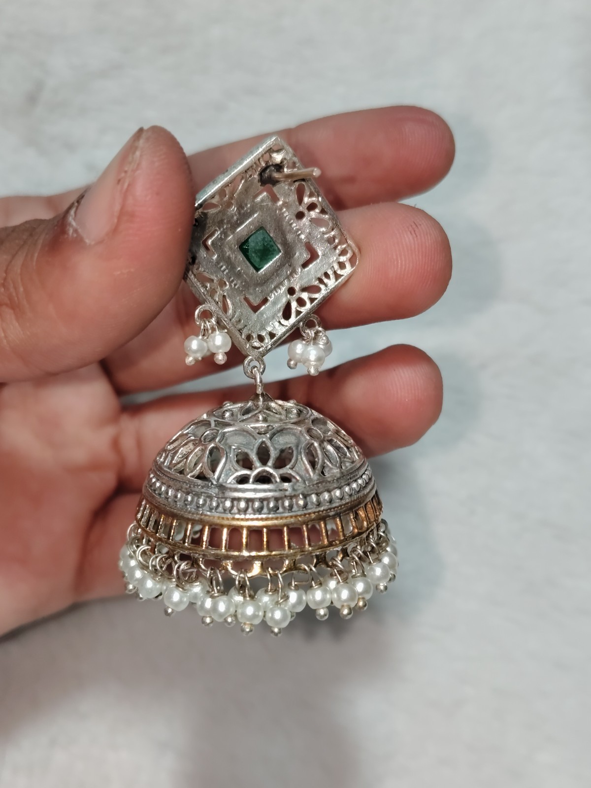 Zakiya Handcrafted Silver Jhumka Earrings with Green Square Stone Roz Jeweller.