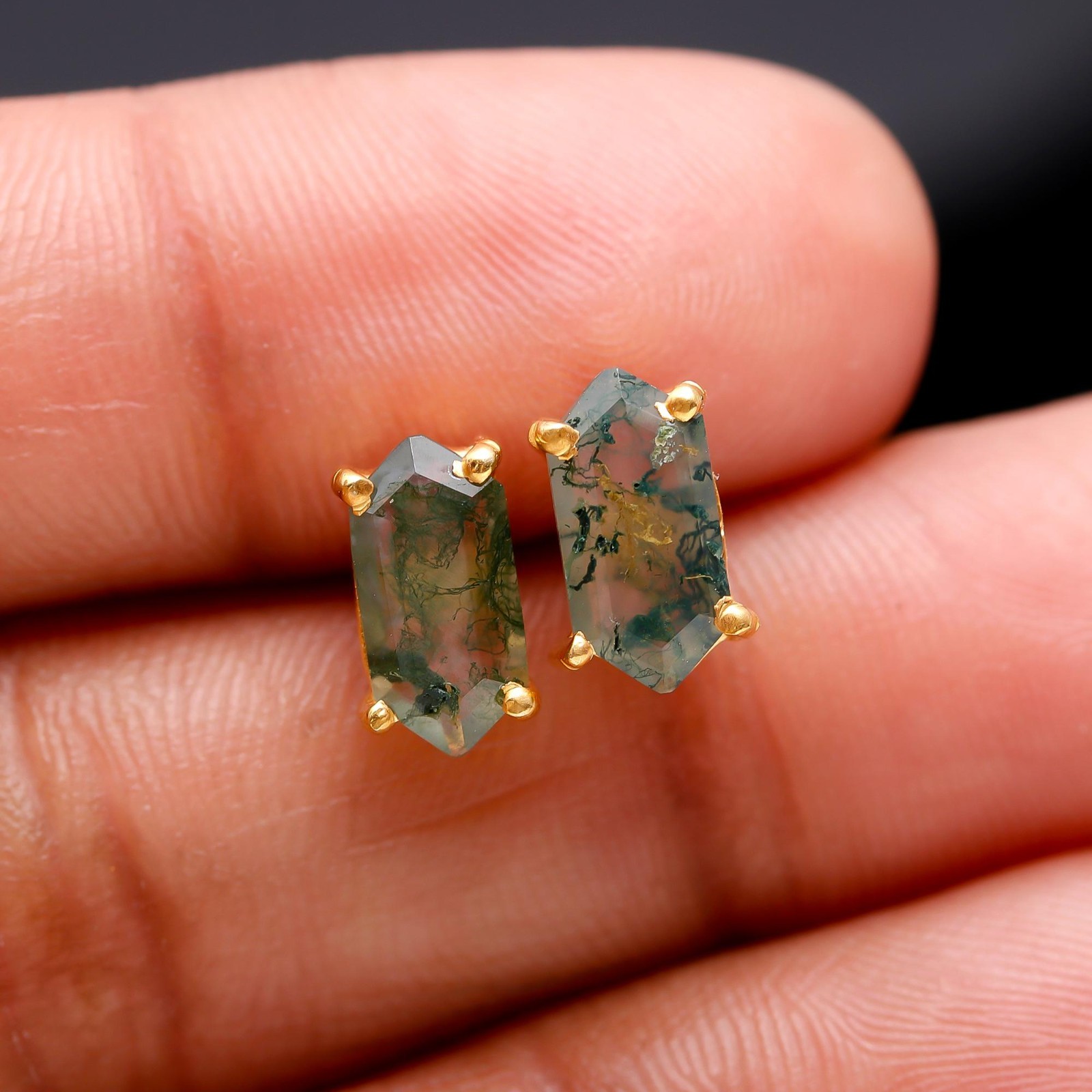 Natural Moss Agate Hexagon Stud Earrings Gold Plated 925 Sterling Silver Jewelry
