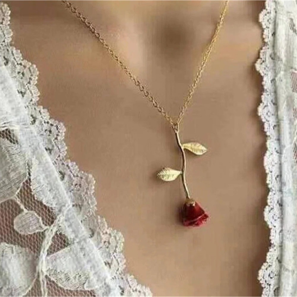 3D Rose Flower Pendant Necklace Beauty and the Beast Charm Boho Jewelry Gift Her