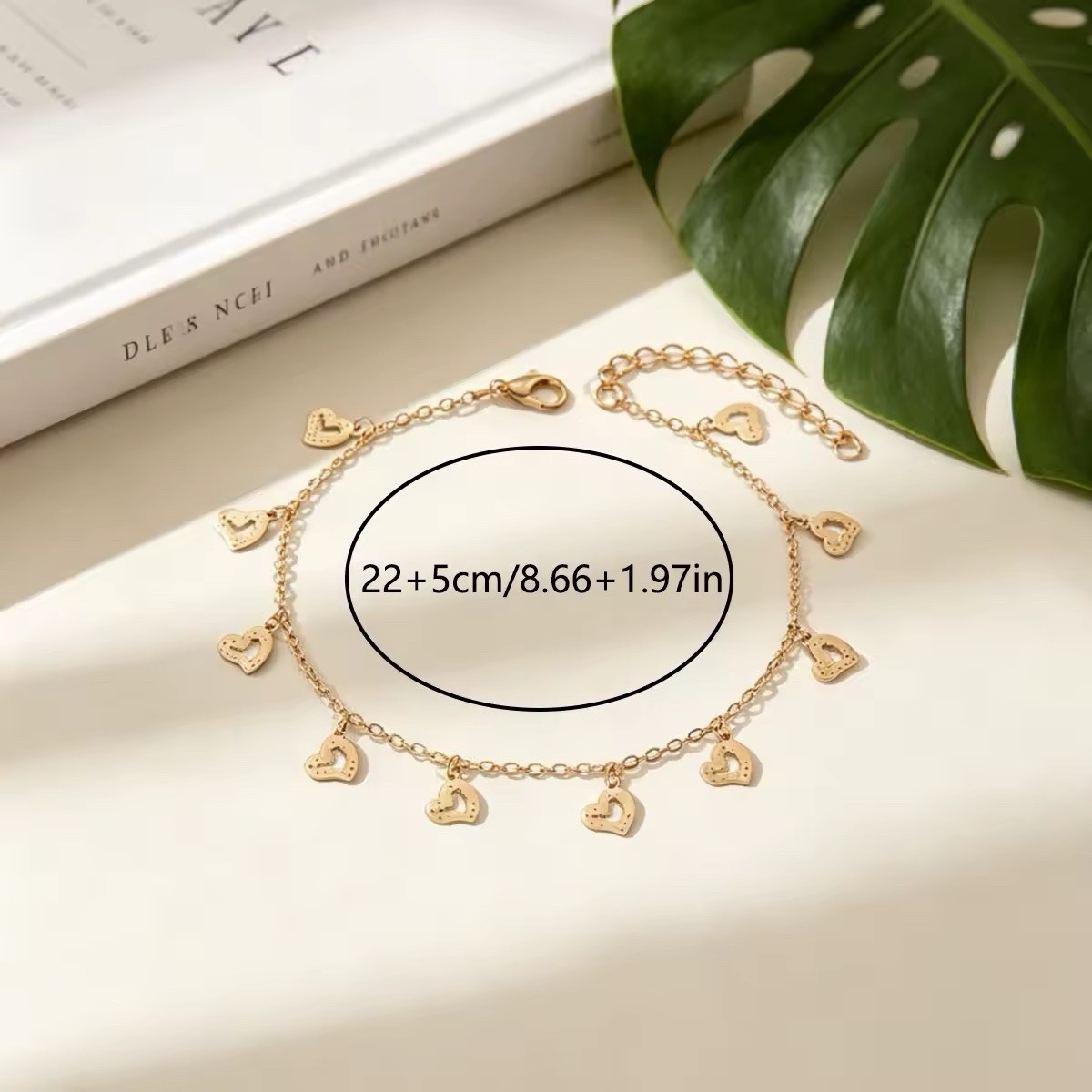 Gold Tone Heart Charm Cable Chain Anklet Adjustable Lobster Clasp 8.66+1.97″