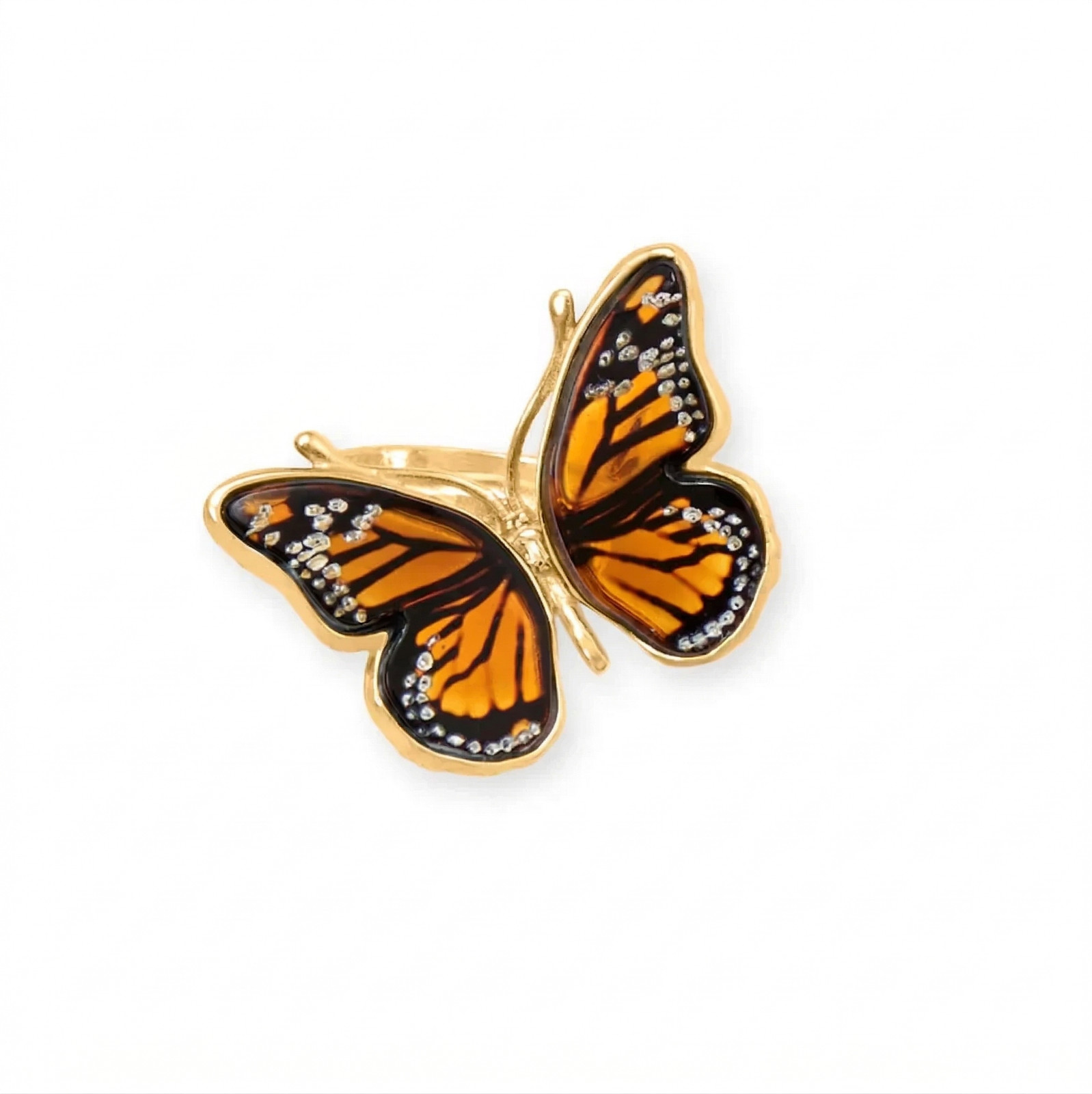 Baltic Amber Monarch Butterfly Ring 24K Gold Plated 925 Silver Adjustable