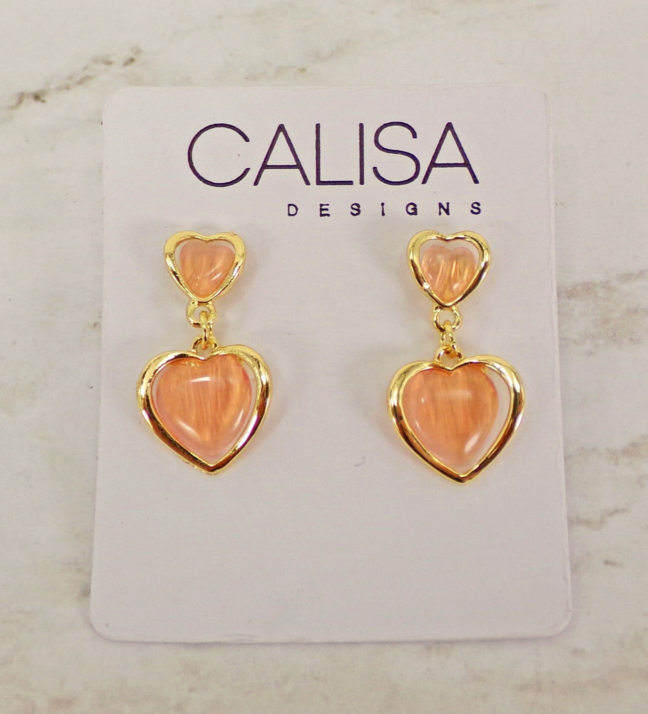 Pink heart earrings with double hearts and pink cat eye stones gold setting NEW