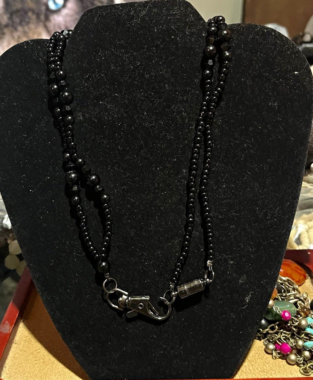 Black Beaded Glass & Metal Ball/Bead Chain Necklace Lobster Clasp