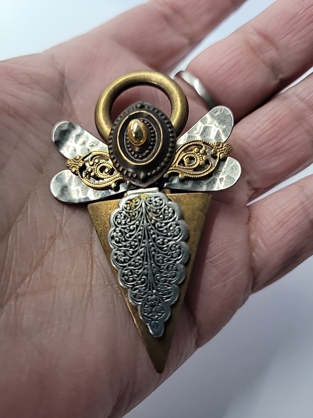 Vintage Treska Angel Brooch Pin Mixed Metal Halo Geometric Religious Signed