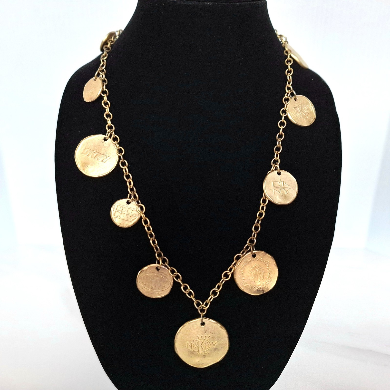 VINTAGE 1993 DKNY STATEMENT NECKLACE DONNA KARAN DESIGNER GOLD MEDALLIONS 32 IN