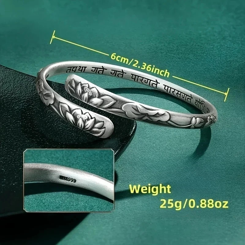 Vintage 925 Thai Silver Lotus Flower Cuff Bracelet for Women Buddhism Bangle