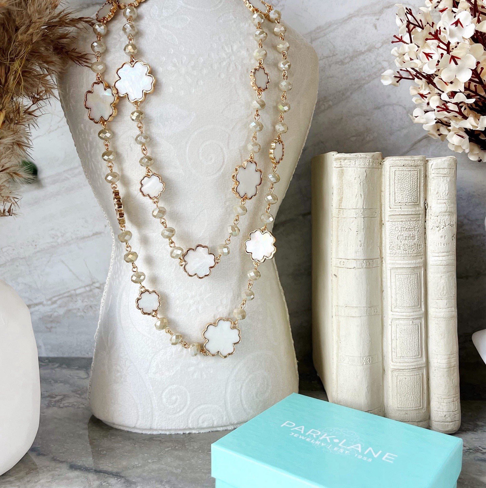 Park Lane CLOUD Mother Of Pearl & Faceted Bead Long Gold Necklace, Retail $174