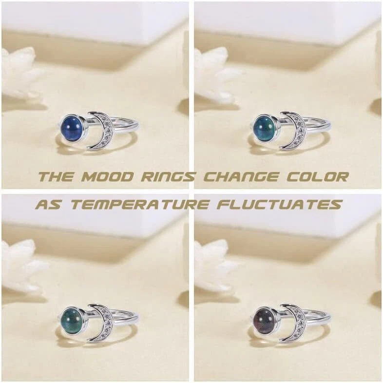 925 Sterling Silver Mood Ring Moon Star Open Adjustable Rings for Women 18K Whit