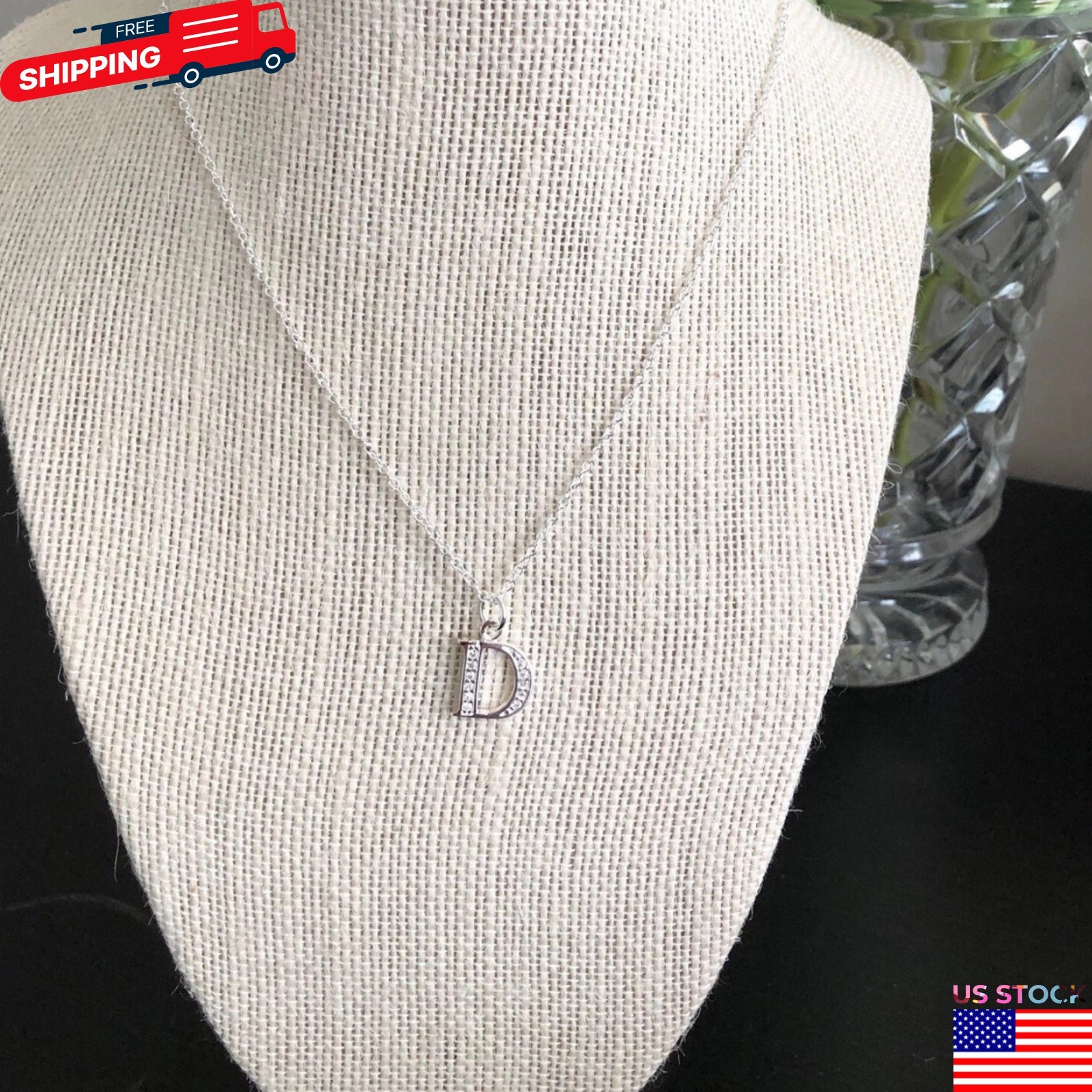 925 Sterling Silver Initial A-Z Letter Pendant Necklace CZ Personalized 18″ N162