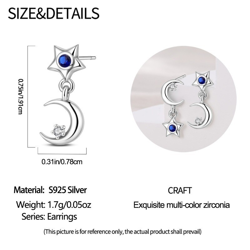 PANDACH 25 Sterling Silver Asymmetric Star & Moon Stud Earrings For Women Gifts