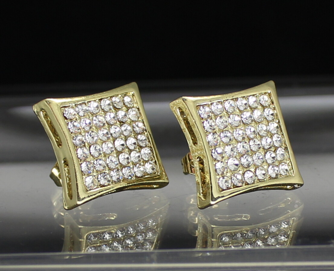 Mens Medium Kite Shape 15mm Earring 14k Gold Plated HipHop Push Back CZ Studs
