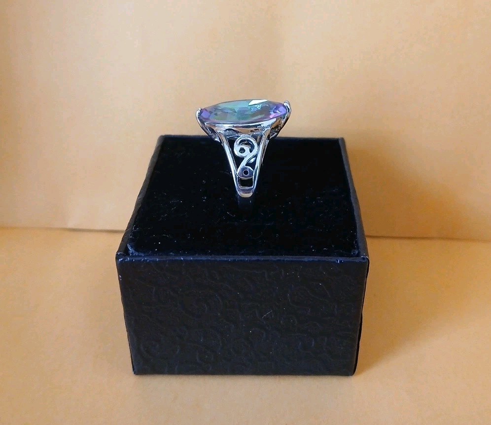 Stainless Steel Size 8 Mystic Fire Look Ring Marquise Shape Silver Scrollwork