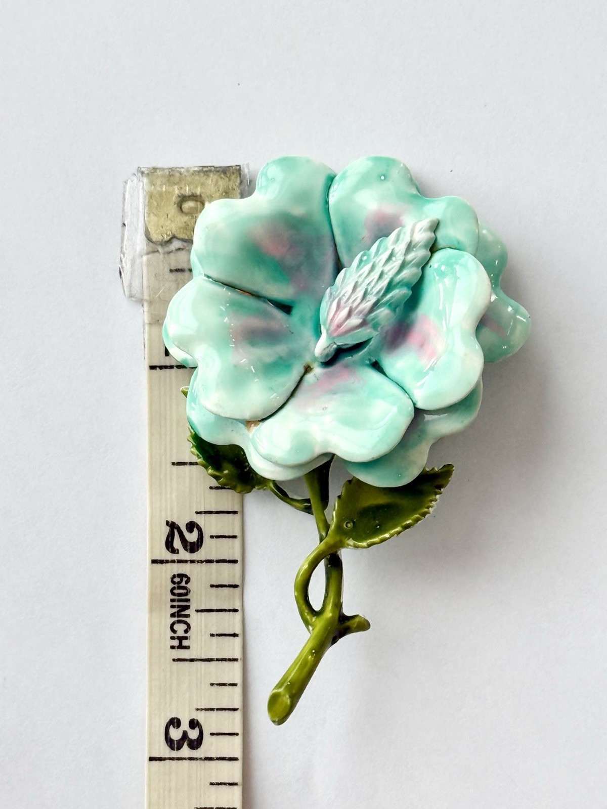 Enamel Flower Brooch Pin Aqua Green Pink White Metal 3″ No Stone