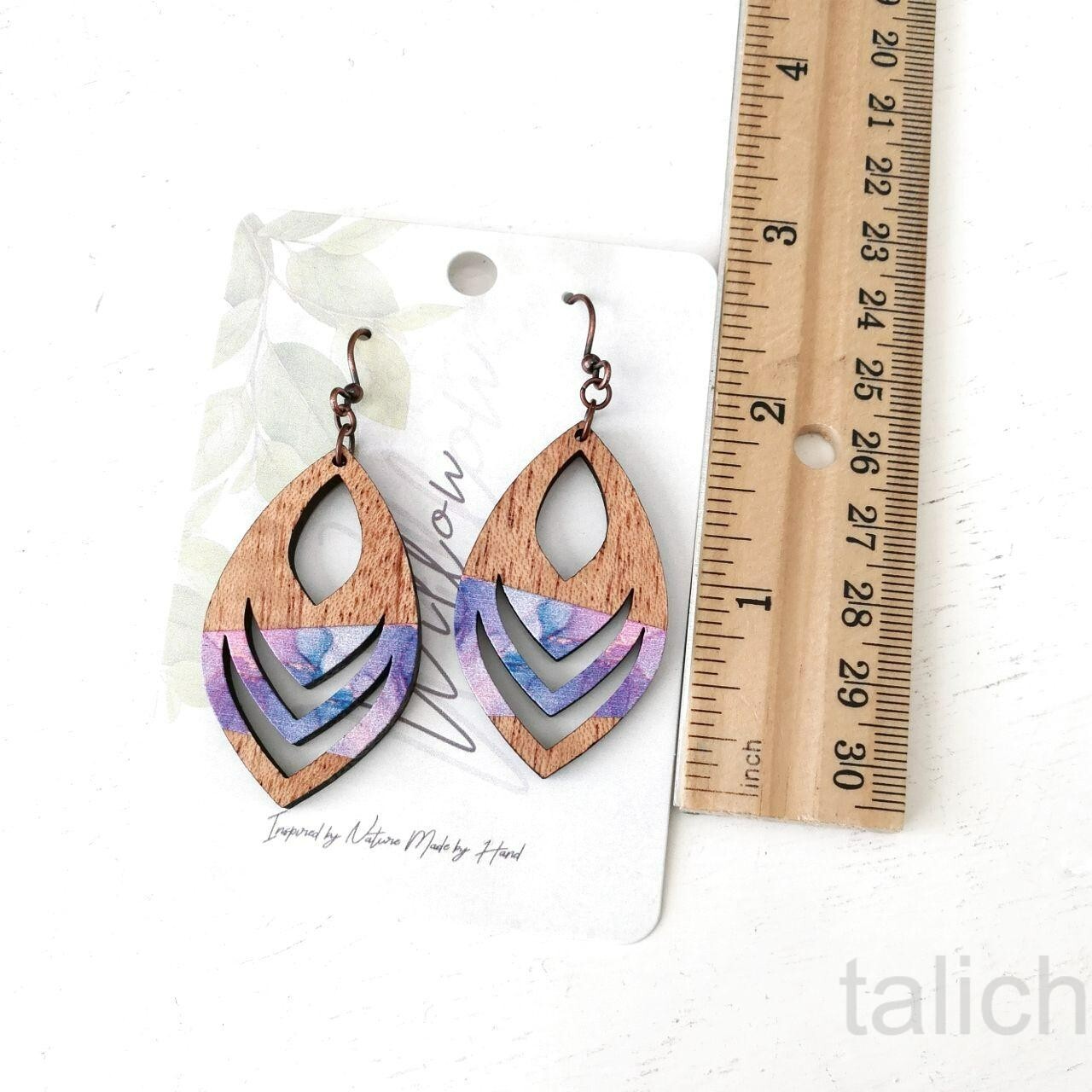 DC Designs Cutout Mahogany Wood Earrings Pink Purple Art Print Boho Chic E43M