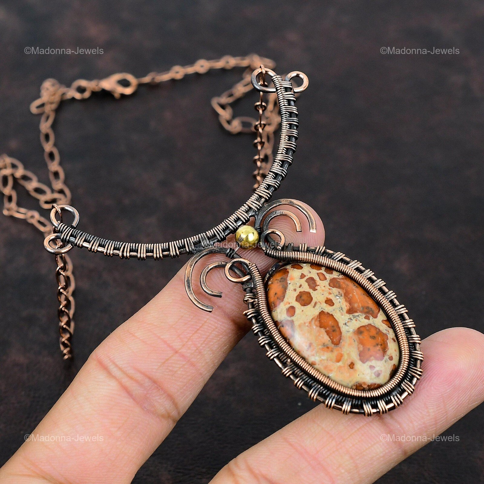 Oval Asteroid Jasper Gemstone Copper Sister Chain Wire Wrapped Birthday Necklace