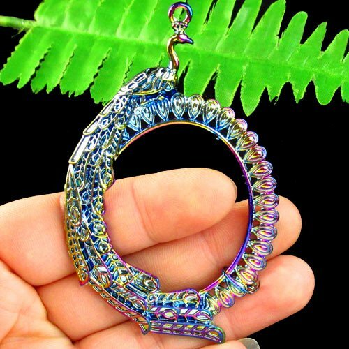 SH1119 Carved Rainbow Tibetan Silver Peacock Oval Pendant Bead 84x51x4mm