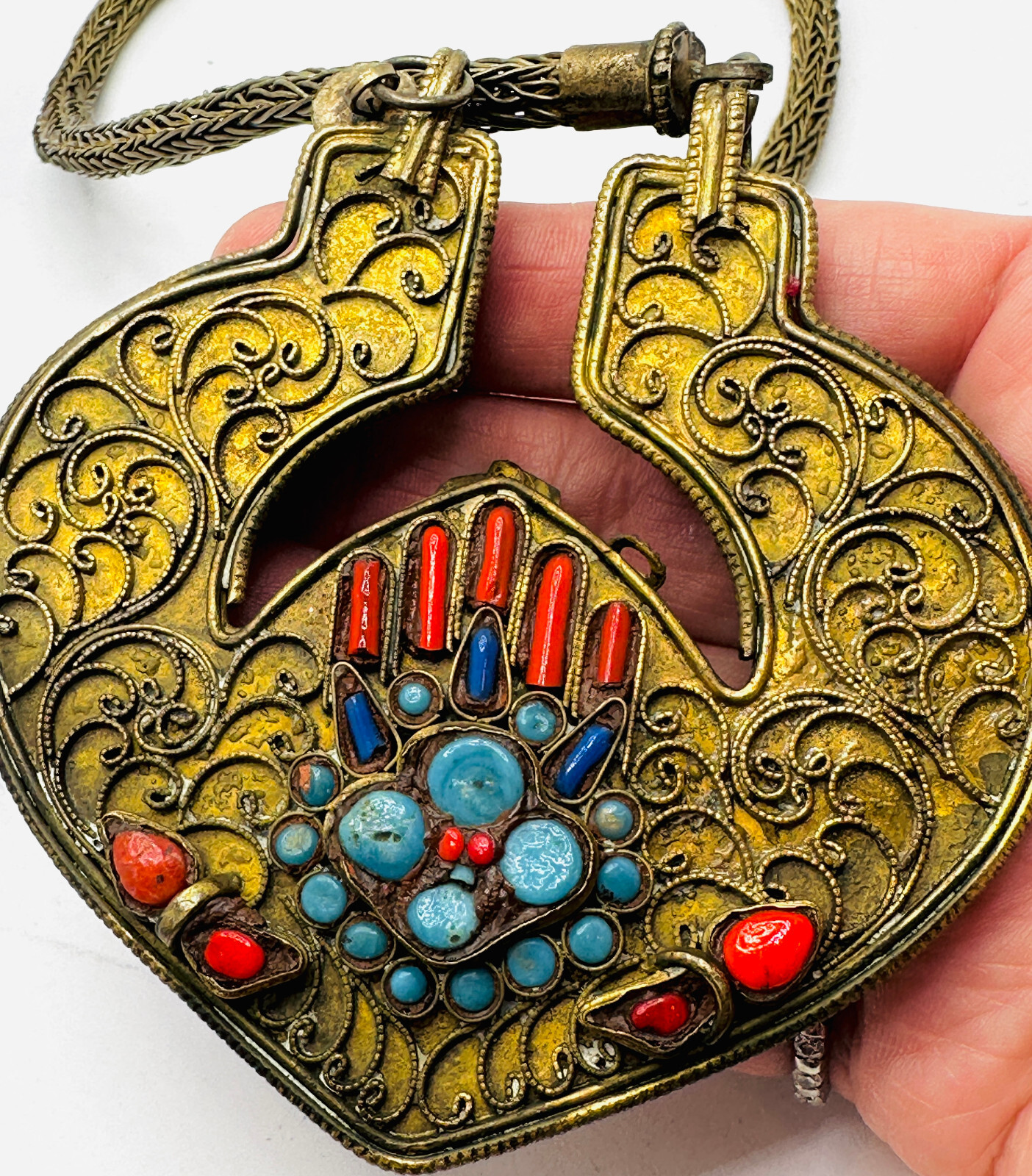Antique Nepal Tibetan Brass Vishnu Prayer Necklace Coral Turquoise Glass EUC 24″