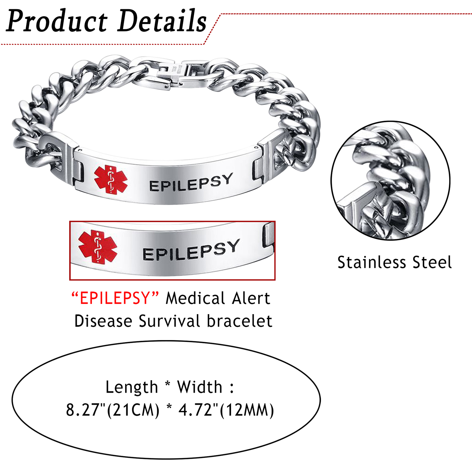 Emergency Medical Alert ID Bracelet For Men LASER ENGRAVED Stainless Steel 8.27′