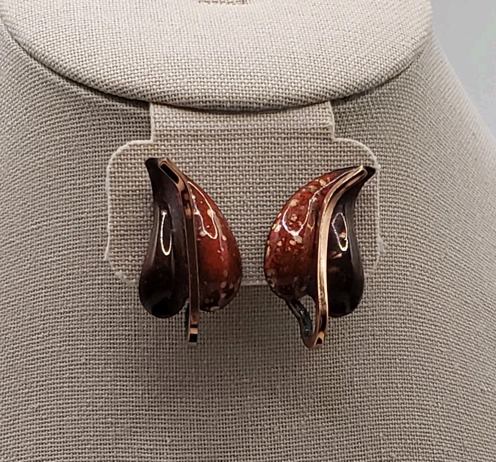 Earrings Clip On Signed Matisse Renoir Copper Enamel Leaf Mid Century Modern