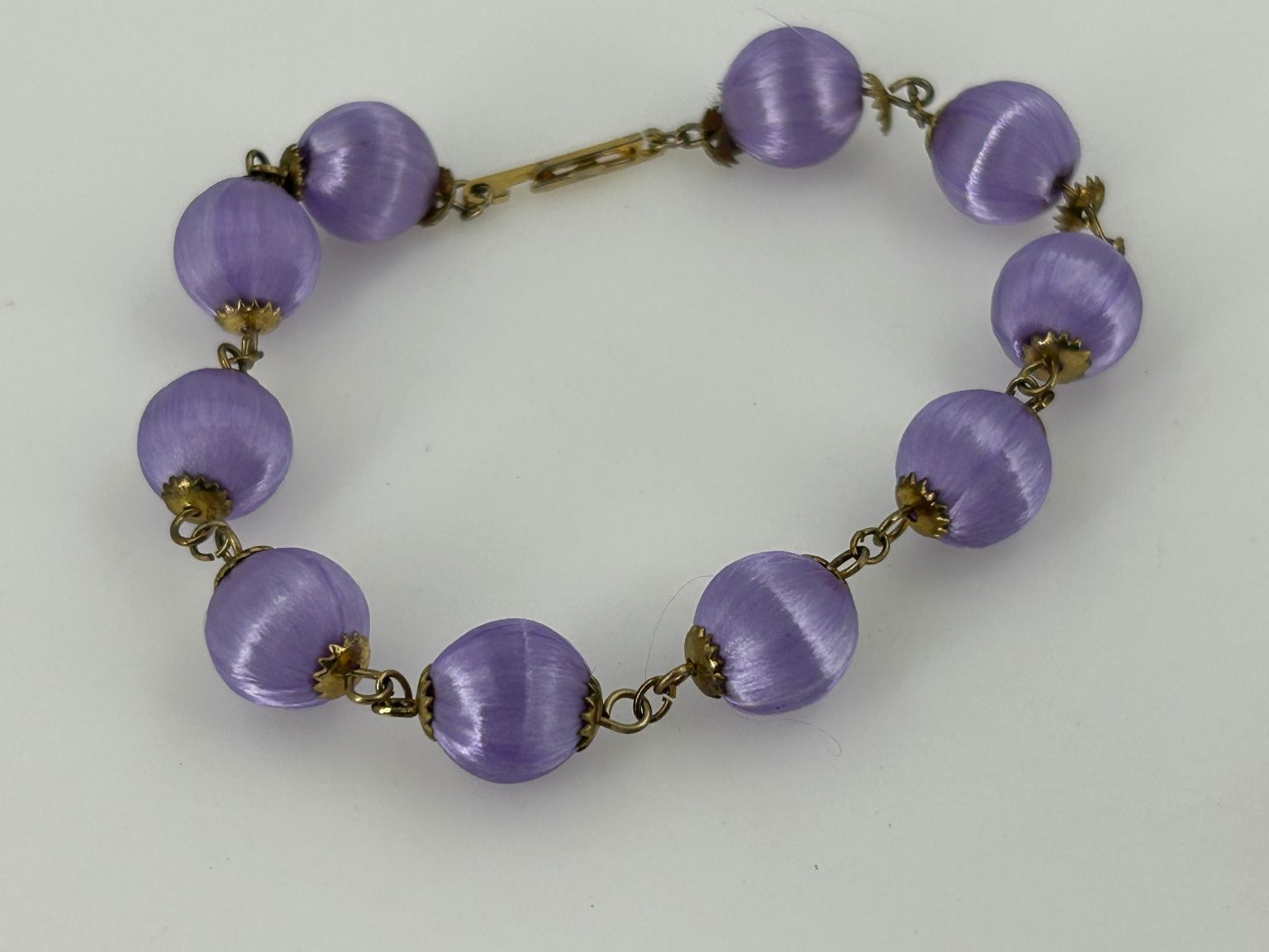 Vintage Purple Satin Ball Bracelet Gold Tone Links