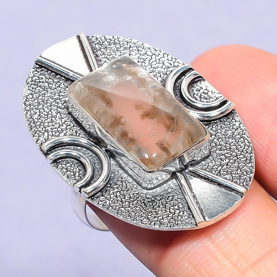 Birthday Gift For Her Golden Rutile Natural Cluster Ring Size 9 Silver Jewelry