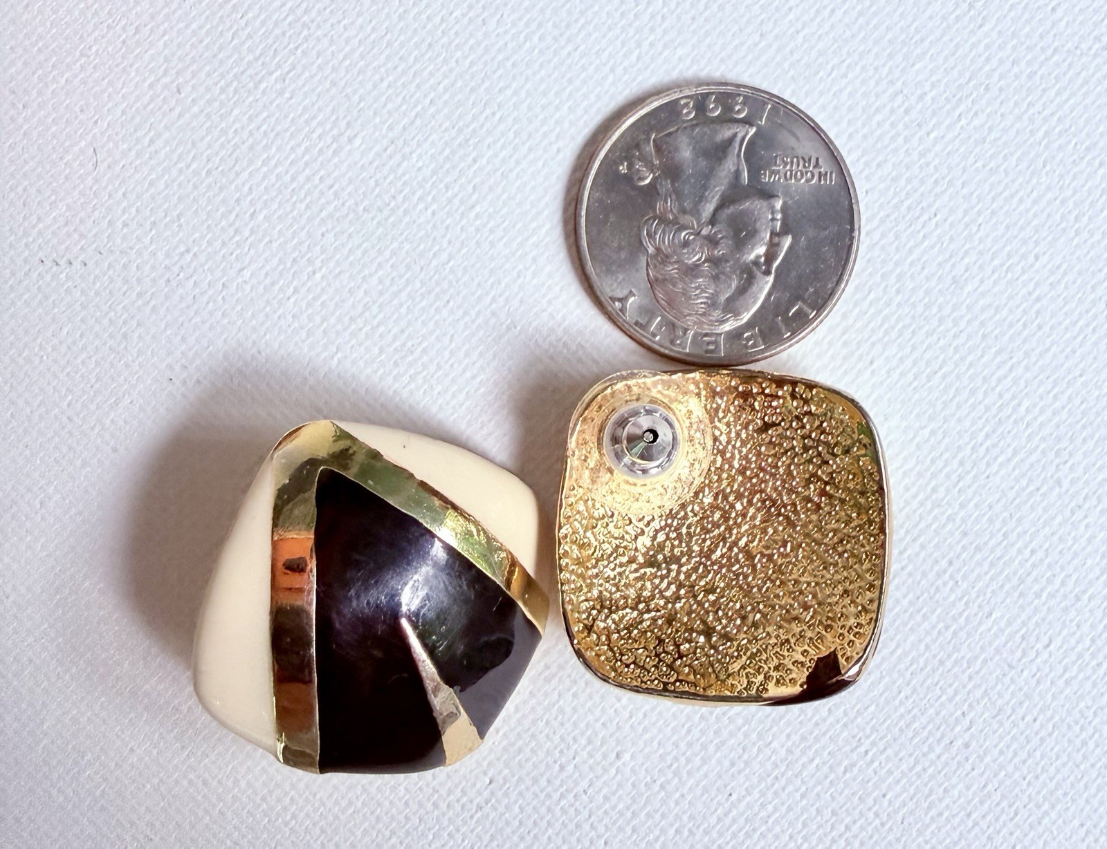 Vintage Gold Tone Enamel Earrings Lot 2 Pairs Pierced & Clip On Ivory Black