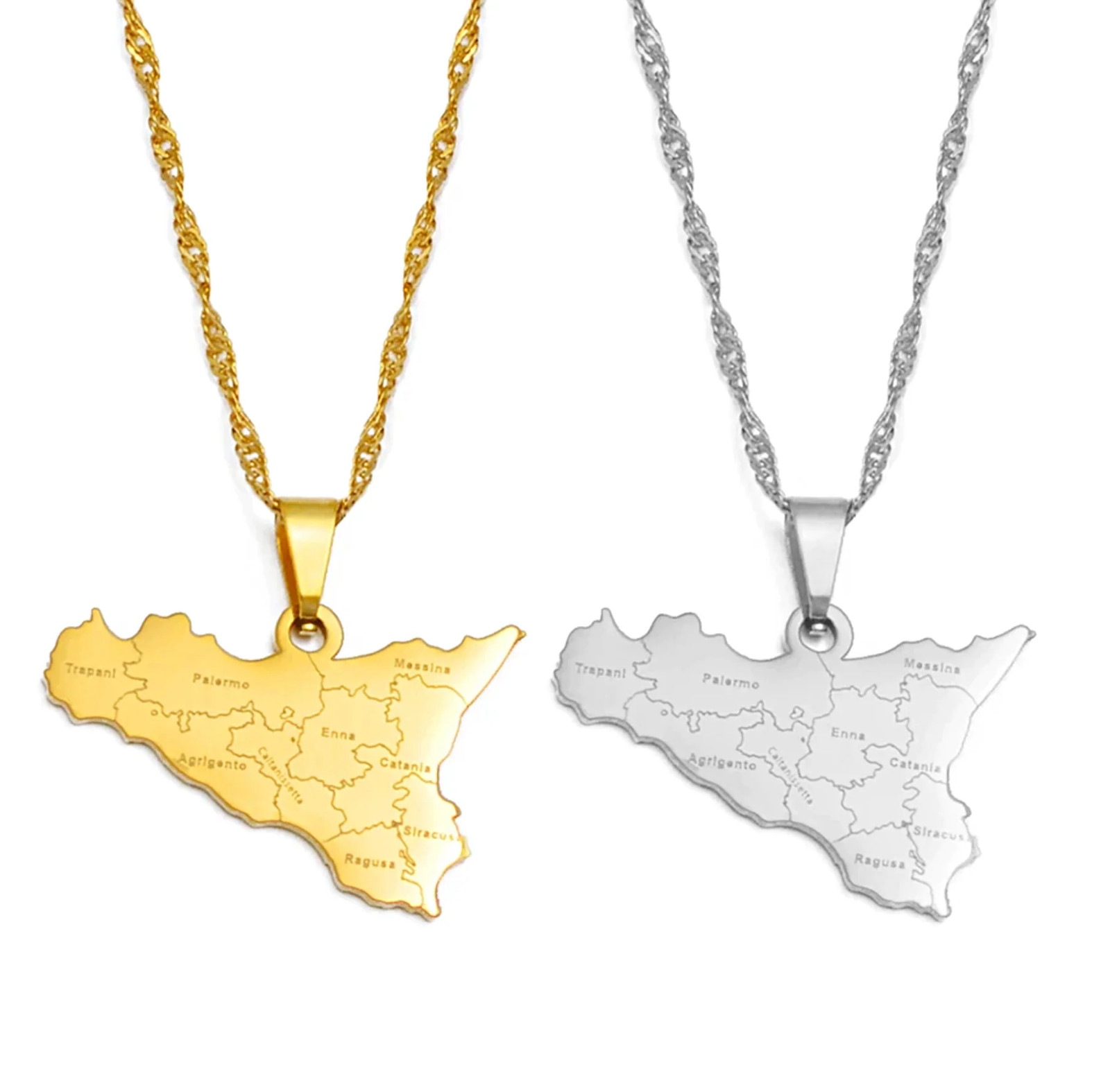 Italy Sicily Map with Cities Pendant Necklace