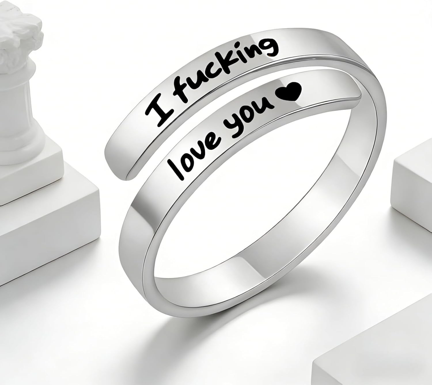 I Fcking Love You Ring, Stainless Steel Engraved Inspirational Words Heart Open