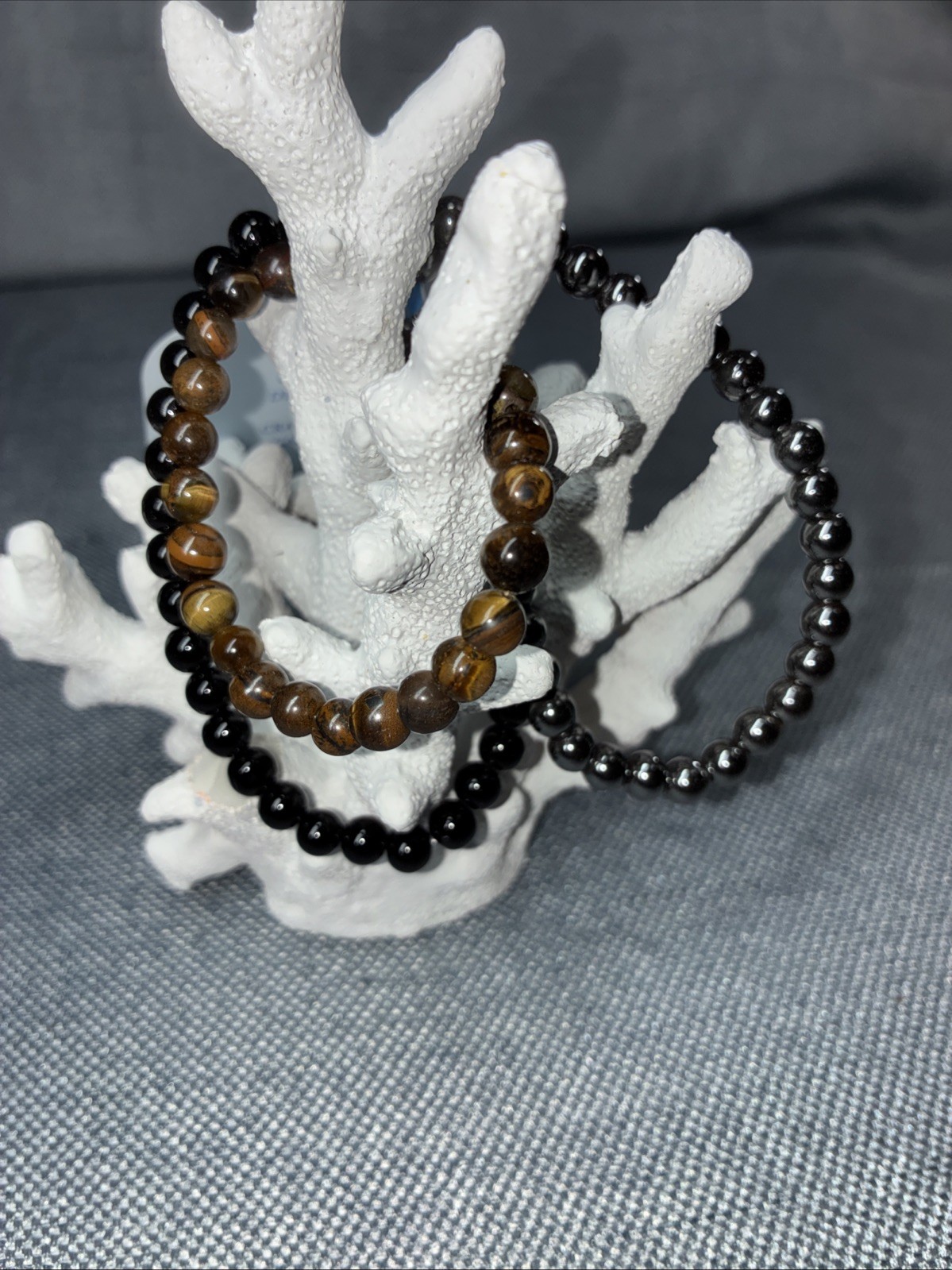 Semi Precious Stone ONYX, HEMATITE & TIGER EYE – 3 Beaded Stacking Bracelets