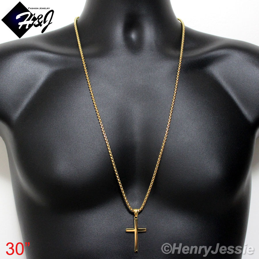 30″MEN Stainless Steel 2mm Gold Plated Box Link Necklace Plain Cross Pendant*P