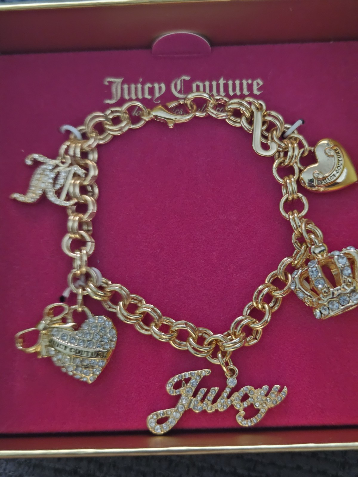 Juicy Couture Gold Tone Charm Bracelet Crystal Dangle Adjustable Fashion