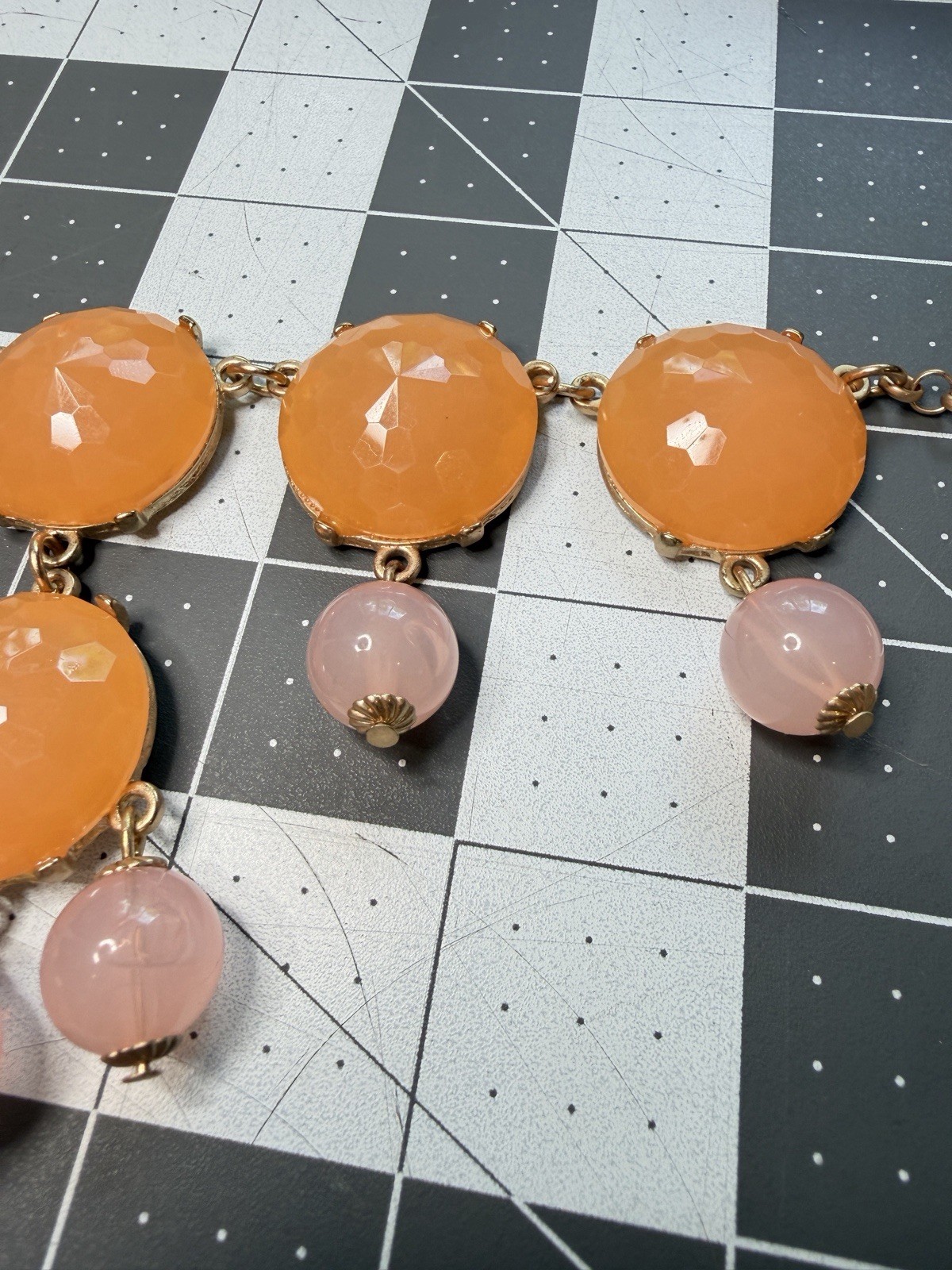 Bold Peach and Pink Chunky Statement Necklace Gold tone Bib Choker