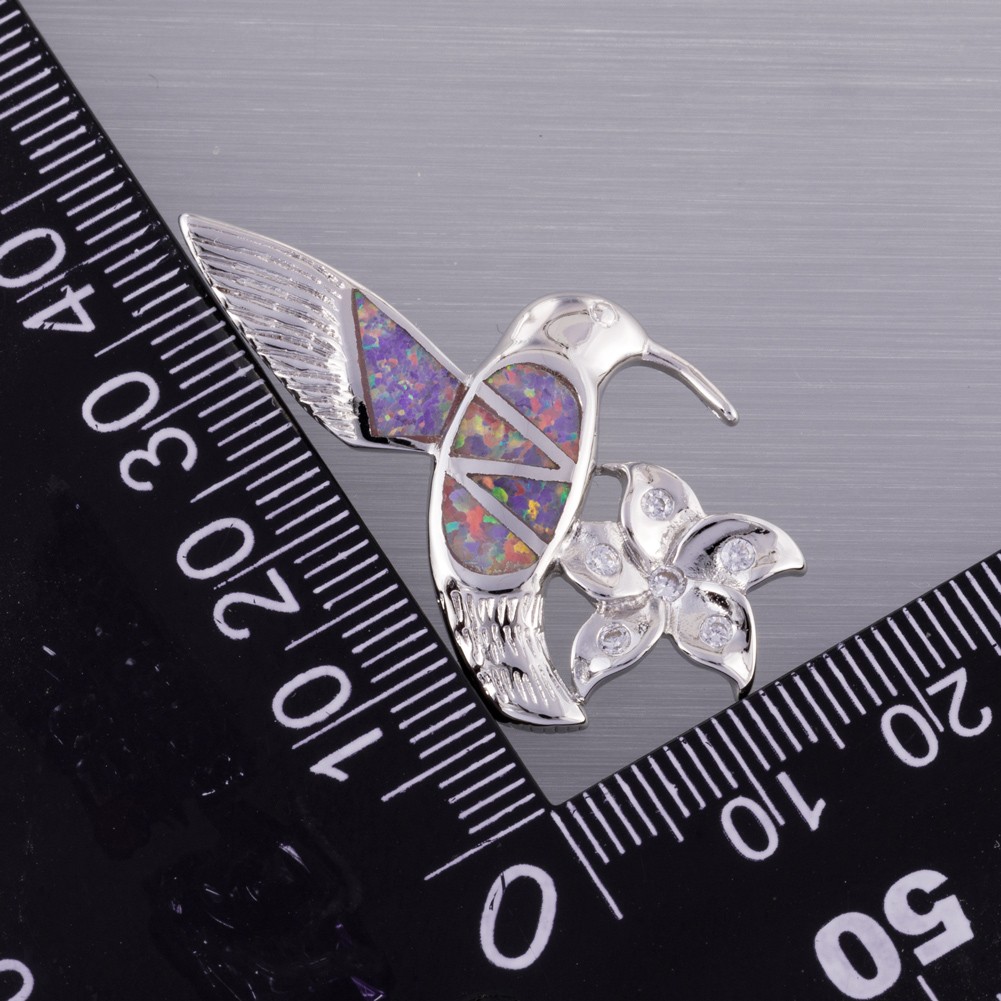 Hummingbird Flower Lavender Purple Fire Opal Silver Jewelry Necklace Pendant